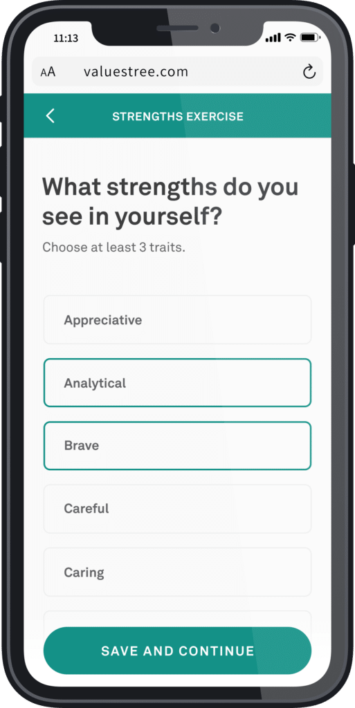 Strengths in Action mockup mobile view